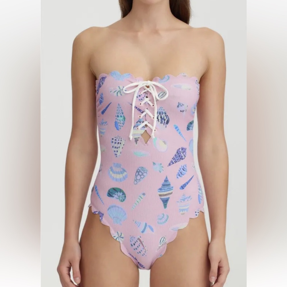 Marysia Swim Pink Scalloped Lace-Up One-Piece with Blue Shell Print